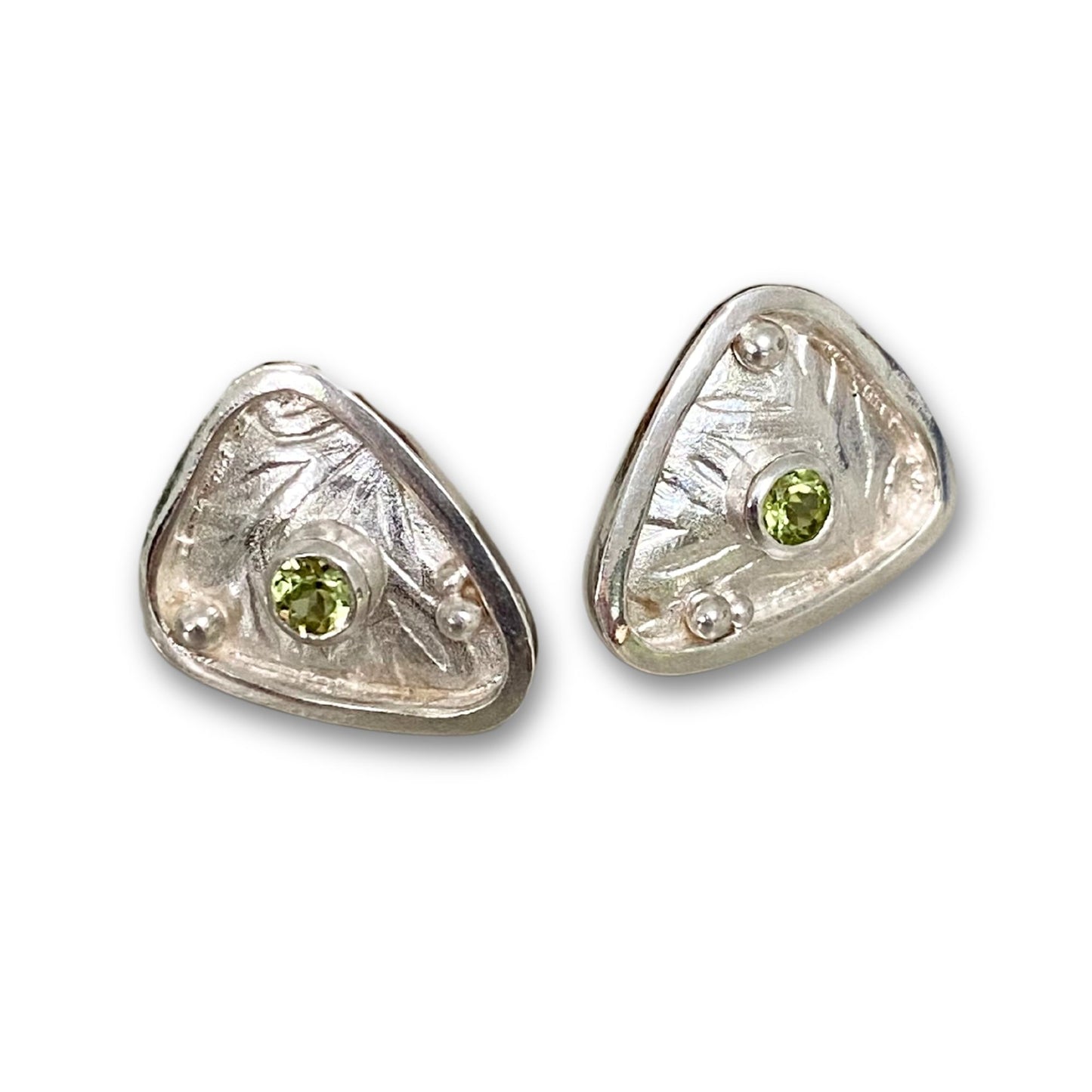 Silver Warrior Celtic Shield Earrings, Peridot Triangle Earrings