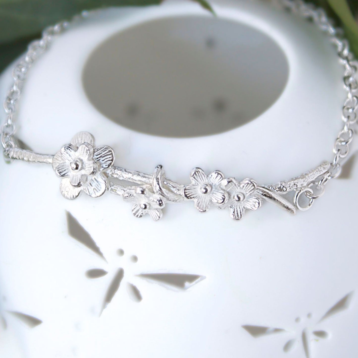 Cherry Blossom Branch Silver Bracelet