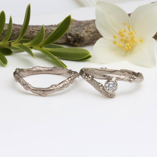 Diamond Elvish Engagement Ring Set, Alternative Engagement Ring, 18ct Gold and Diamond Twig Ring