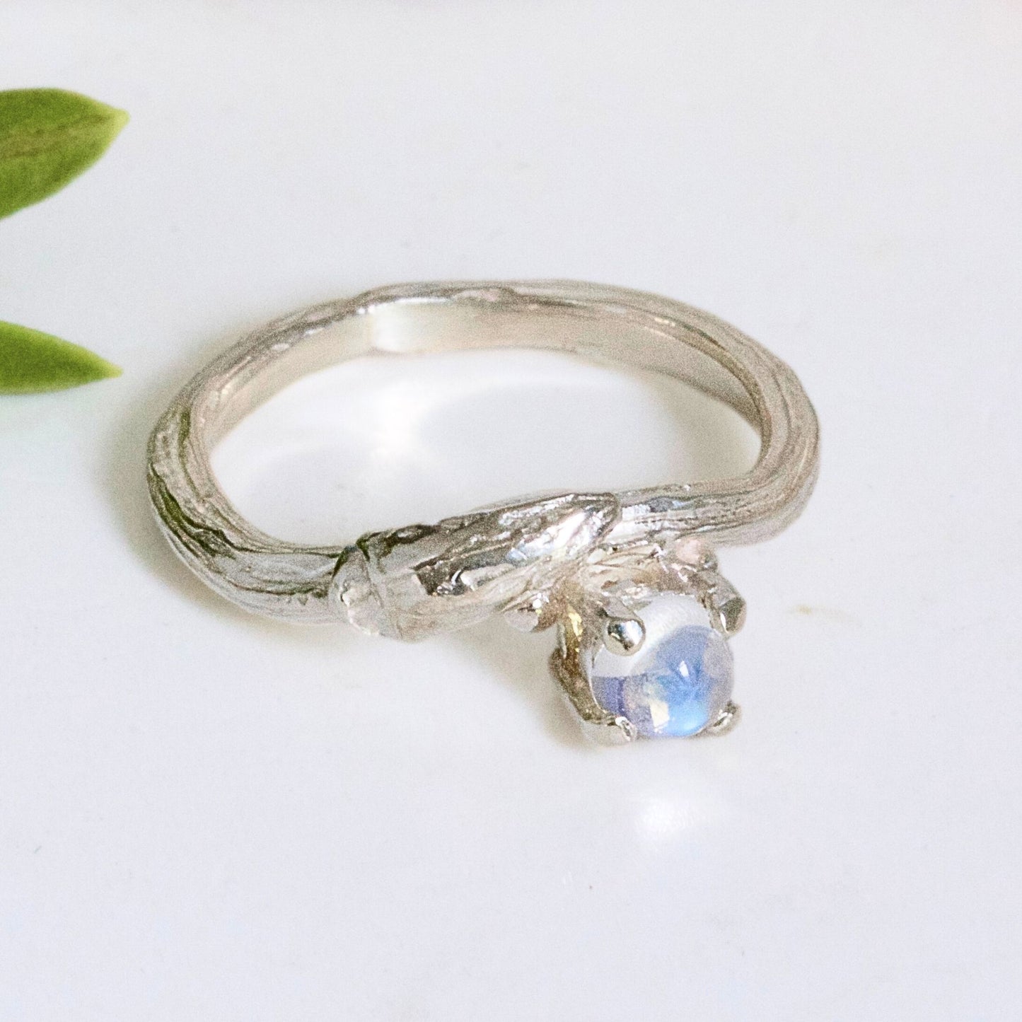 Blue Moonstone Silver Willow Nature Ring