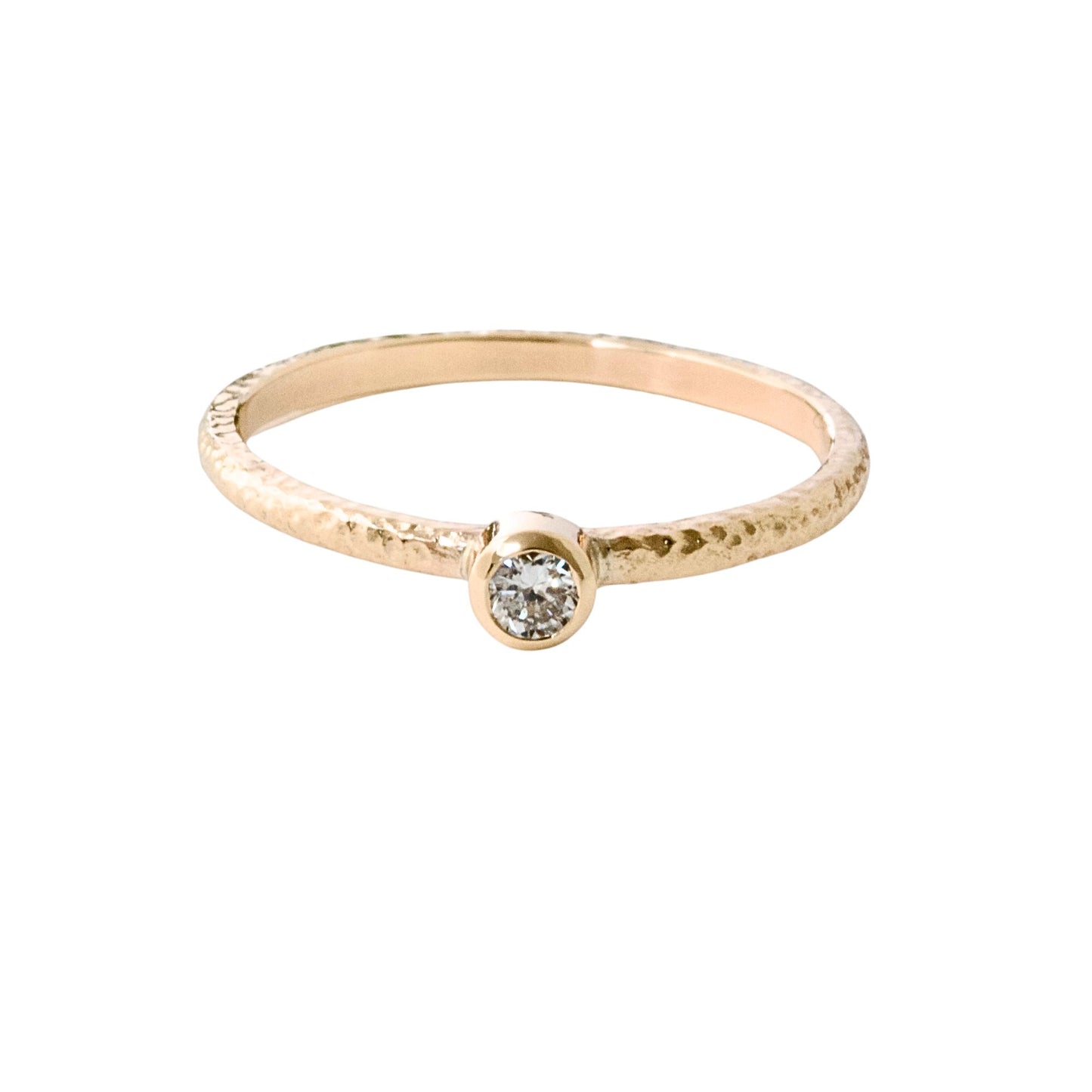 Textured 9ct gold slim, skinny ring with a bezel set 0.10ct natural diamond.