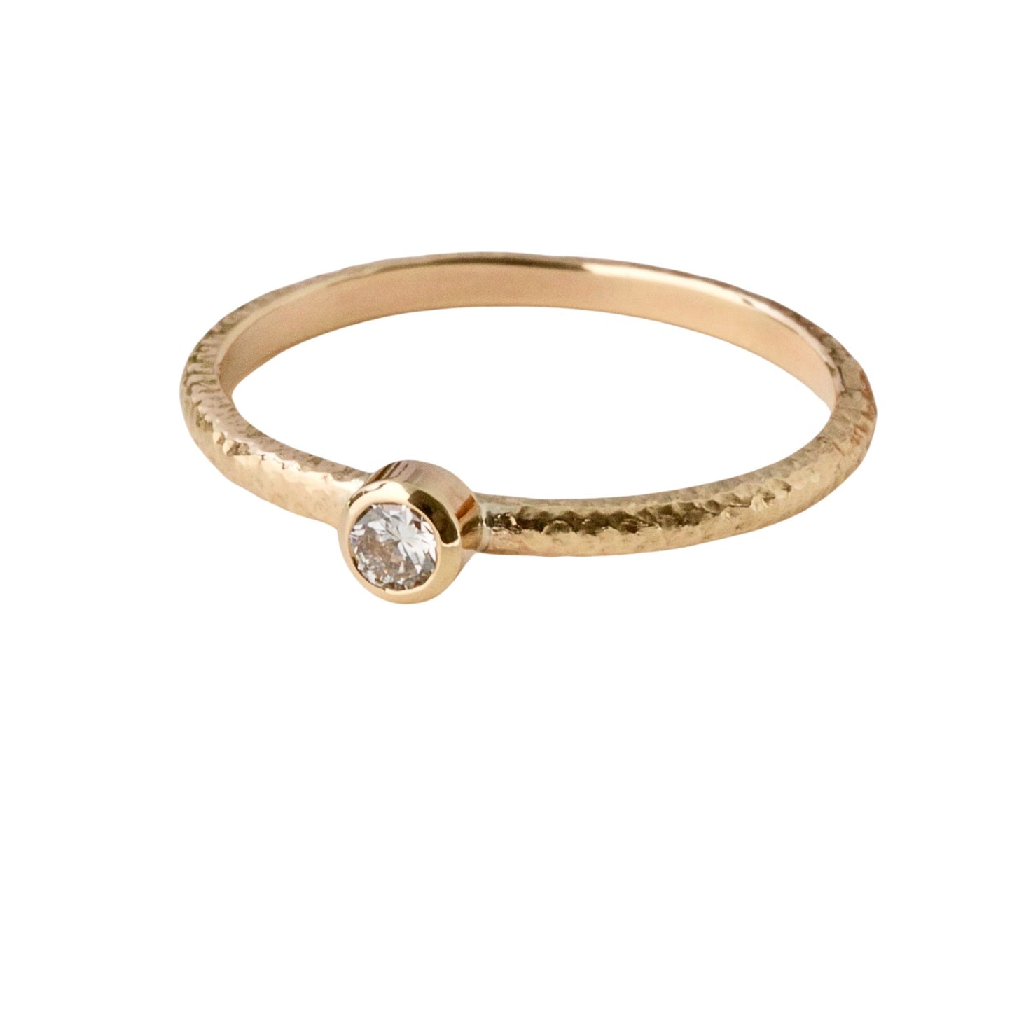 Textured 18ct gold slim, skinny ring with a bezel set 0.10ct natural diamond.