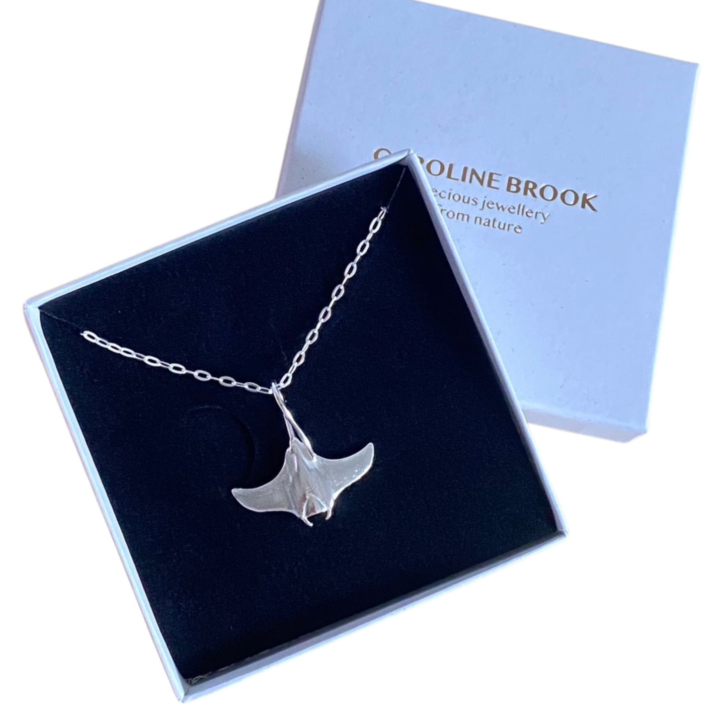 solid sterling silver manta ray necklace for divers and nature lovers.