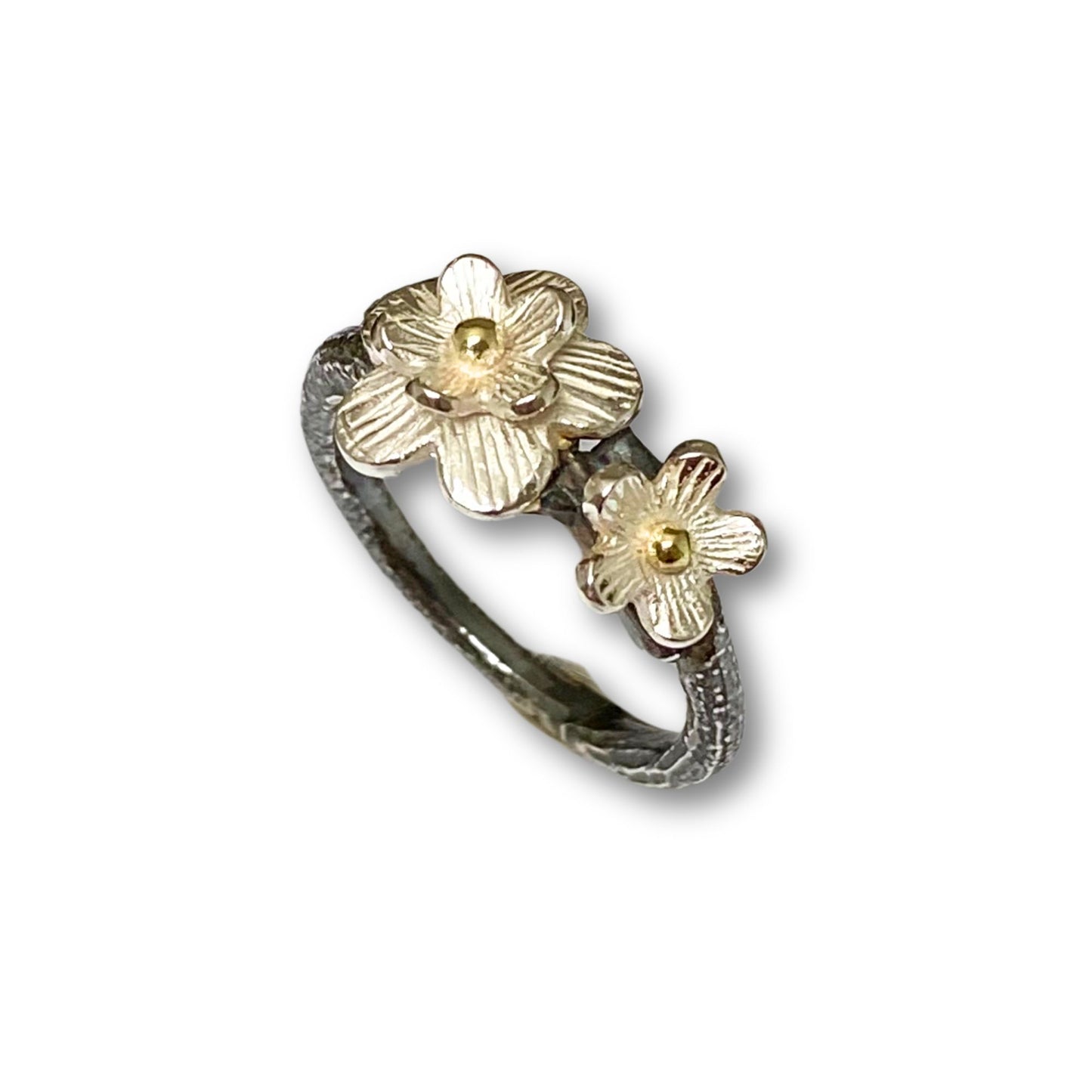 Silver and 18 carat  gold cherry blossom ring floral ring.