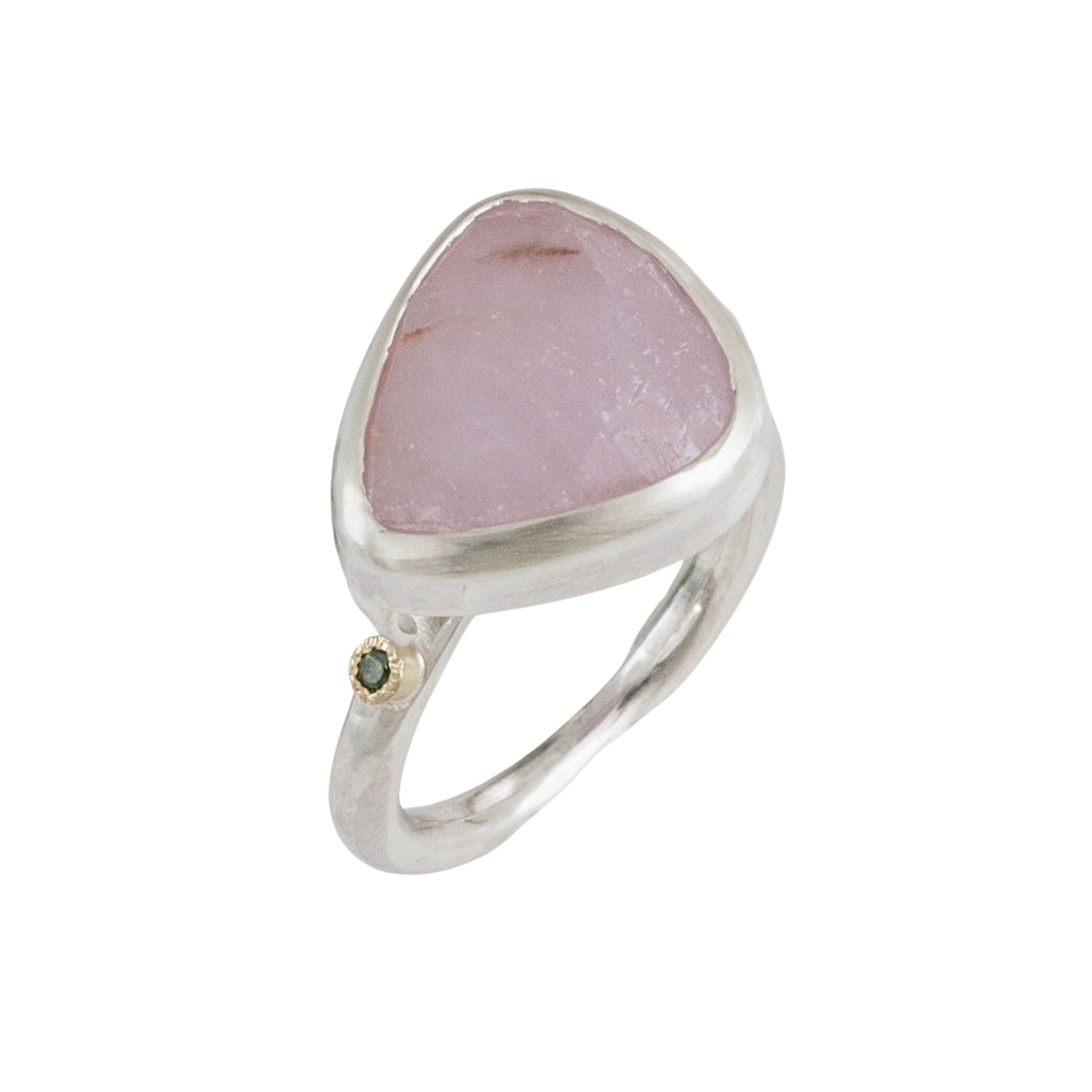 Handmade sculptural baby pink sapphire ring handmade in satin finished silver with green diamonds set in 18ct gold.