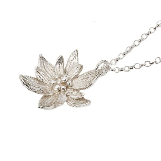 silver lotus flower pendant on a silver chain