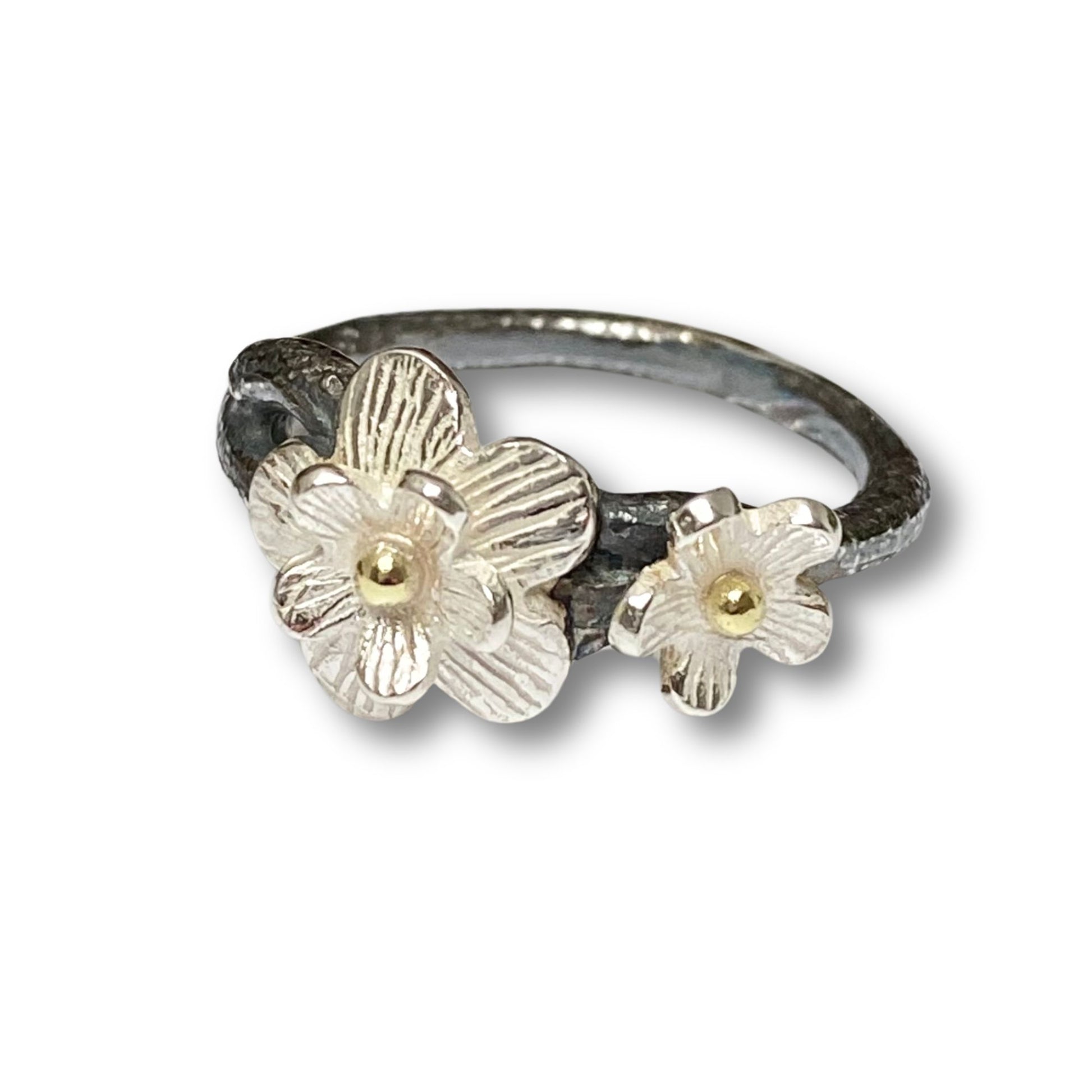 Silver and 18ct gold cherry blossom ring floral ring.