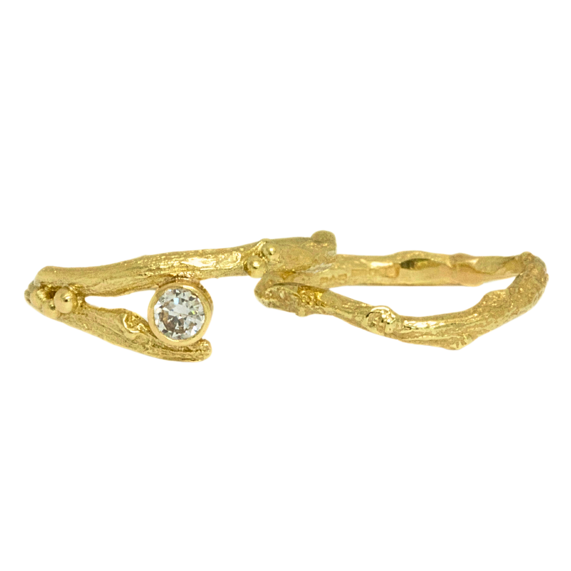 18ct gold and natural diamond twig ring, woodland wedding set