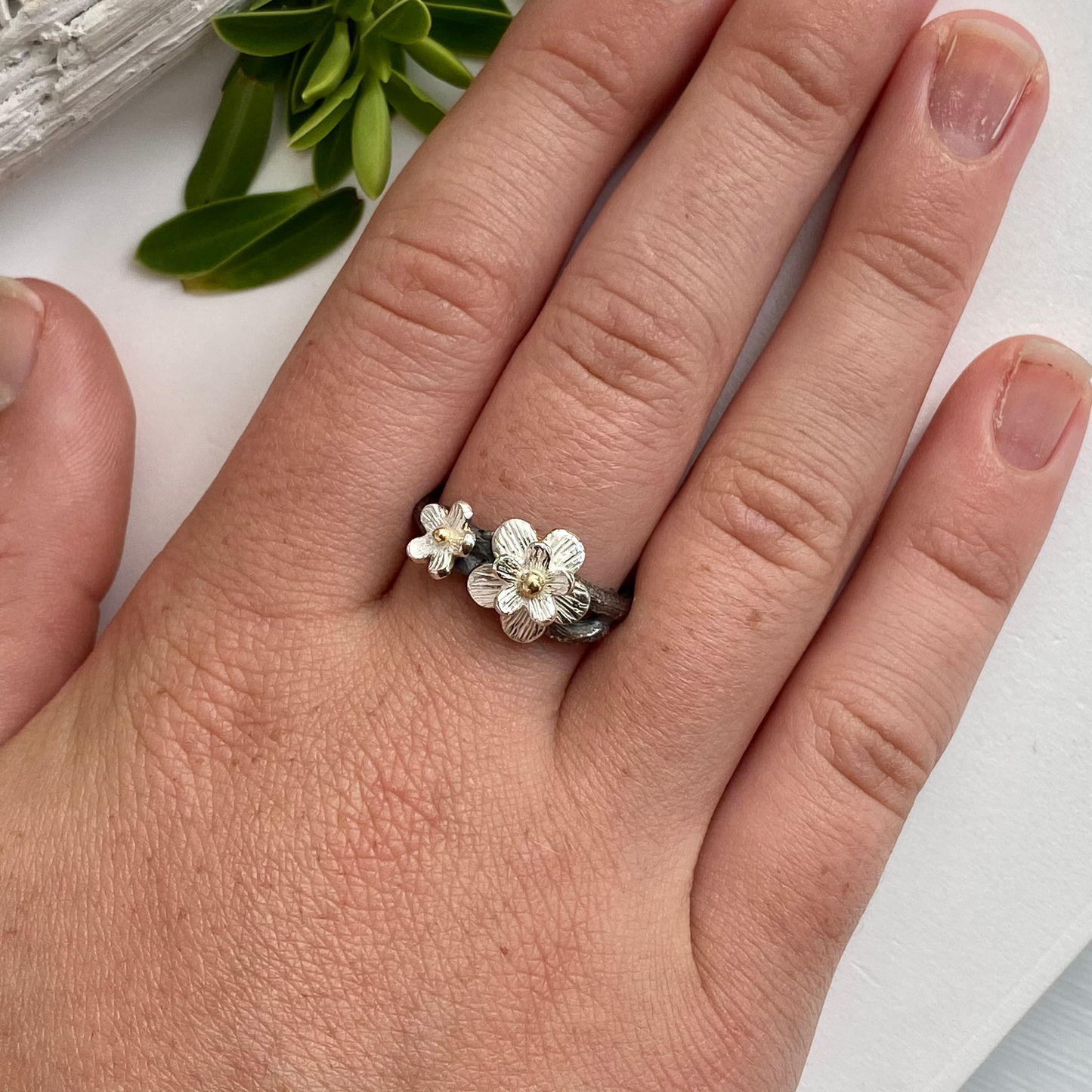 Silver cherry blossom ring with 18ct gold.