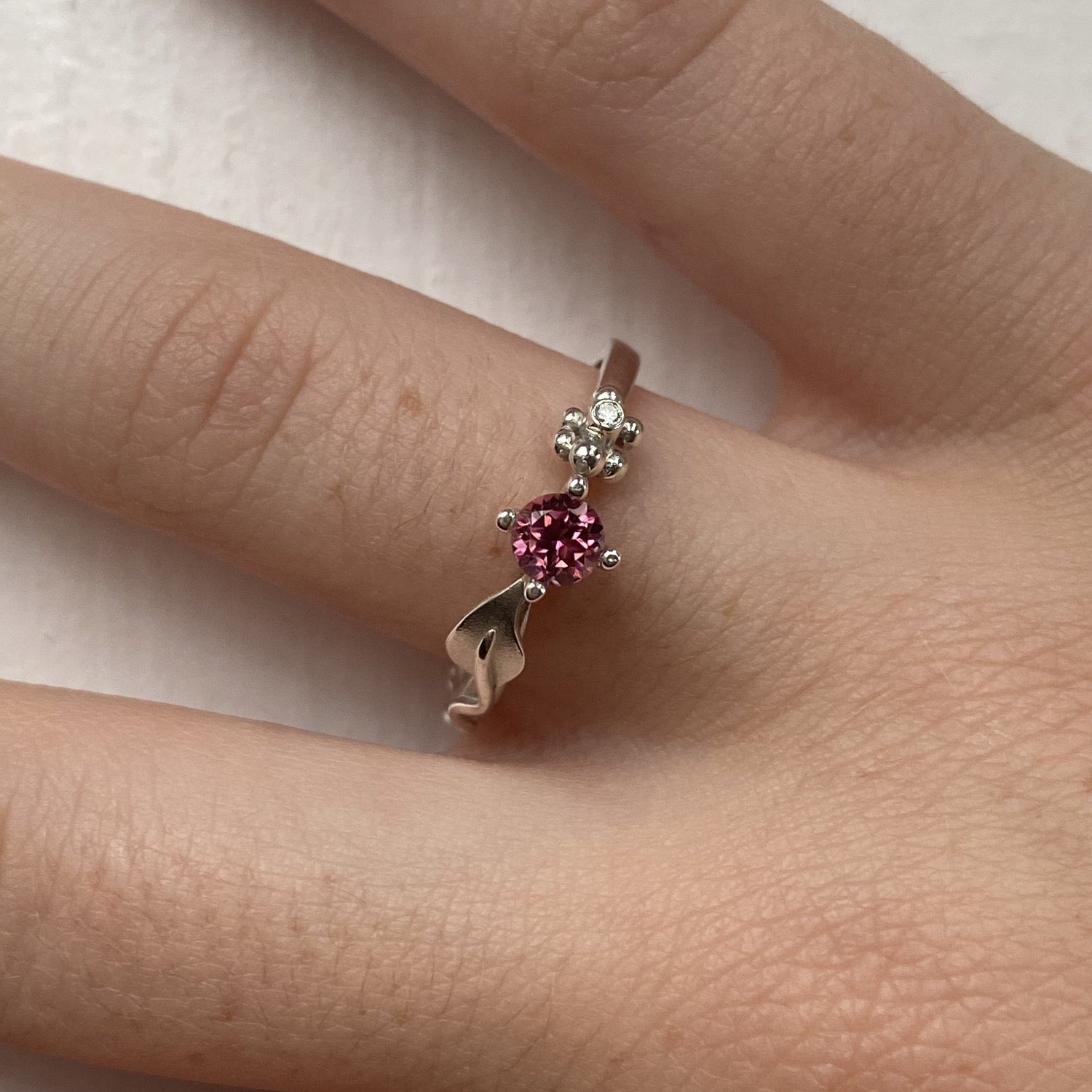 Ariel Silver Leaf Ring Gemstone and Diamond Leaf Ring Nature Inspire Caroline Brook Jewellery